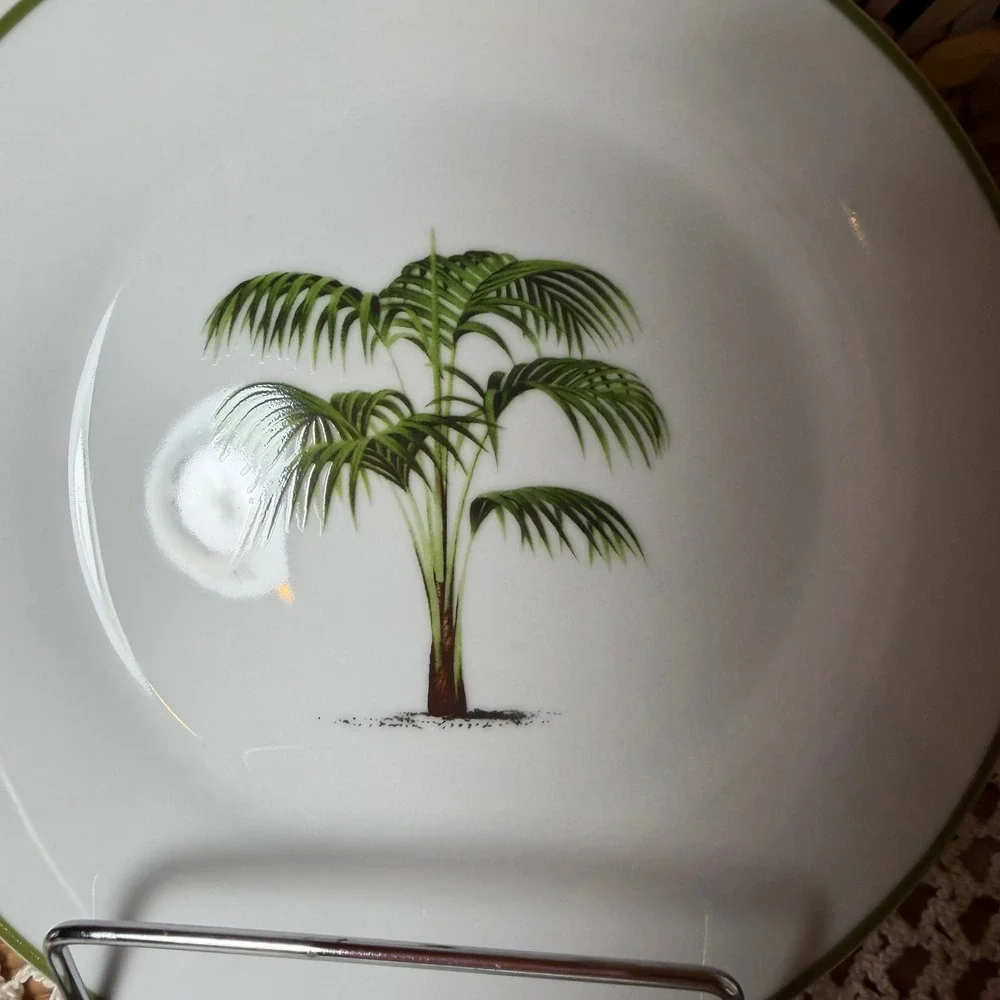 Pottery Barn Palm Tree Salad Plates Set of 4 Botanical Tropical Green White